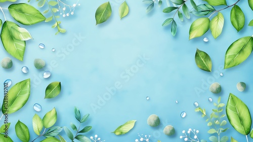 Vibrant green leaves surround a serene blue background.