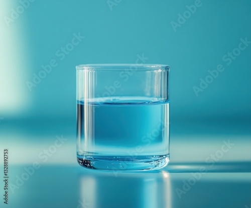 A clear glass filled with blue water, set against a soft, light blue background, creating a serene and refreshing visual.