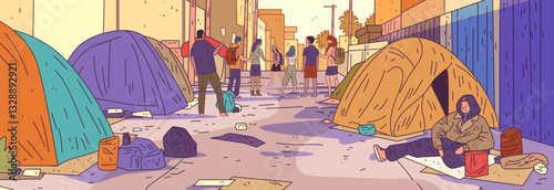 Homelessness urban scene tents people gathering colorful street setting diverse community interaction cityscape background digital art