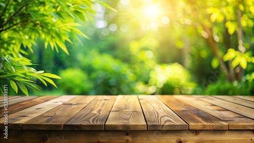 The wooden table, green leaves, and sunny day blur the background of nature in the garden.