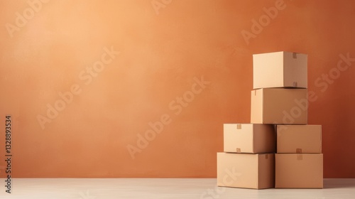Stacked cardboard boxes on a minimalistic orange wall background, ideal for storage, moving, or organization concepts in modern home decor