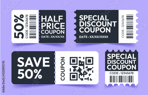 Collection of discount coupons with barcode and QR codes
