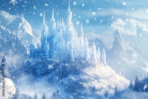 Majestic ice castle surrounded by snow-covered mountains and sparkling snowflakes in a winter landscape