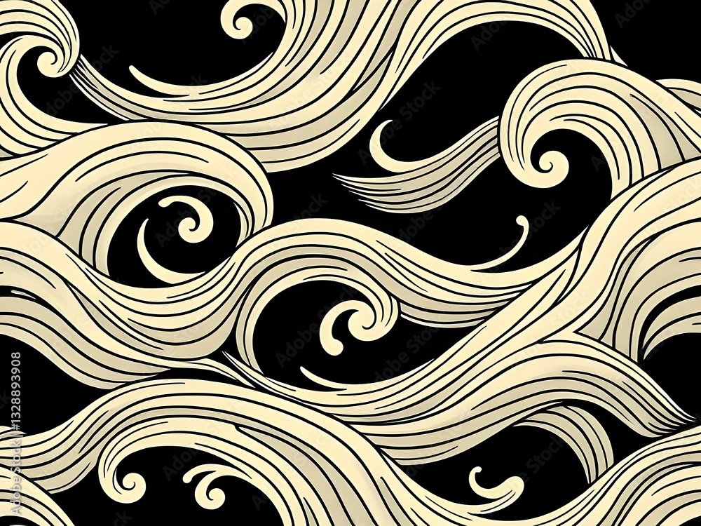 Obraz premium Artistic Abstract Waves Seamless Pattern with Creamy Lines on Black Background. Elegant Design for Texture.