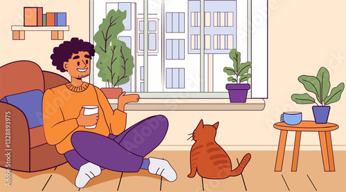 Cozy home scene man with cat enjoying relaxation sitting on floor near window surrounded by plants and furniture warm colors indoor setting