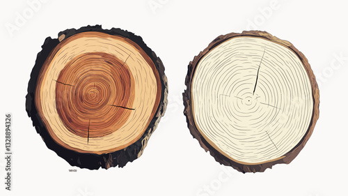 The image shows two circular cross-sections of tree trunks against a white background.  One cross-section displays a light brown wood grain with visible growth rings. The other cross-section is
