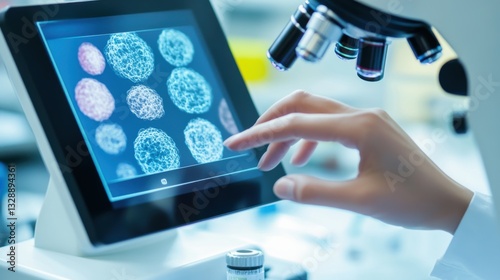 A hand using a touchscreen digital microscope to examine biological samples, visible magnified cell structures on the screen, clean laboratory background