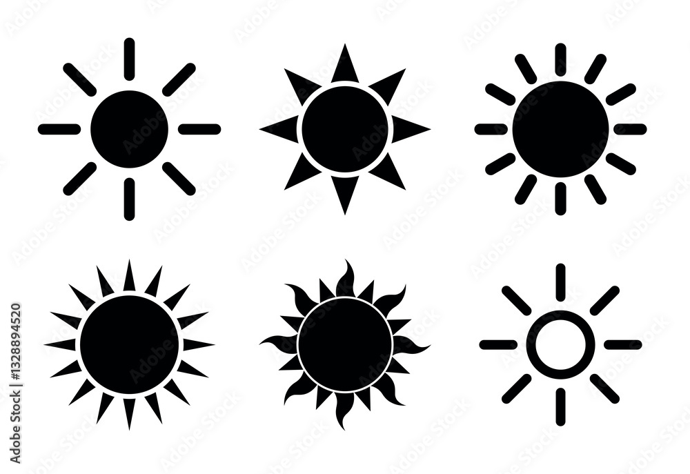 sun shape symbol, black and white vector illustration of simple star, icon set