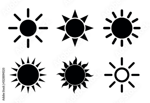 sun shape symbol, black and white vector illustration of simple star, icon set