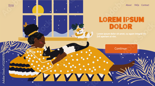 Woman relaxing with cats cozy night scene. A woman in a yellow polka dot dress rests with a black-and-white cat on her lap by a window. Warm colors website design