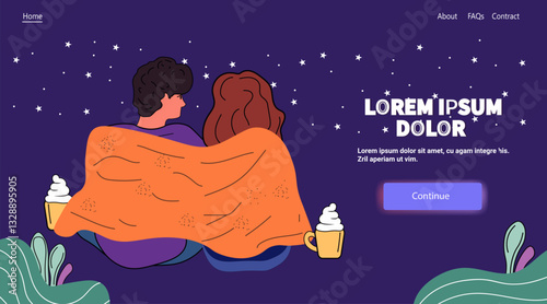 Couple wrapped in blanket stargazing at night with hot drinks starry sky purple background plants digital design website template