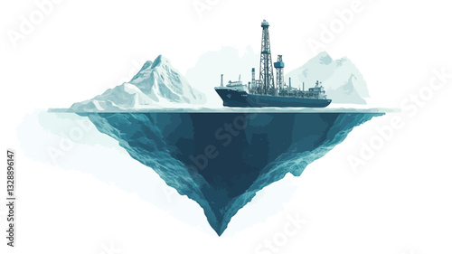 A stylized illustration depicting a ship sailing near a large iceberg partially submerged in dark blue water.  The iceberg is rendered with varying shades of blue and white, suggesting texture and