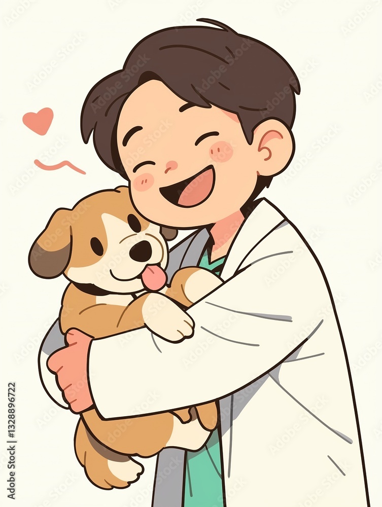 Happy Vet Hugging Cute Puppy Dog Cartoon Illustration Happy Vet Hugging Cute Puppy Dog Cartoon Illustration