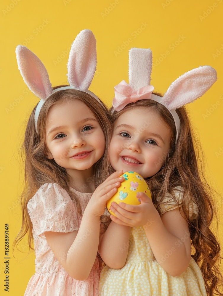 Two young girls dressed up in Easter costumes, holding a colorful Easter egg Two young girls dressed up in Easter costumes, holding a colorful Easter egg