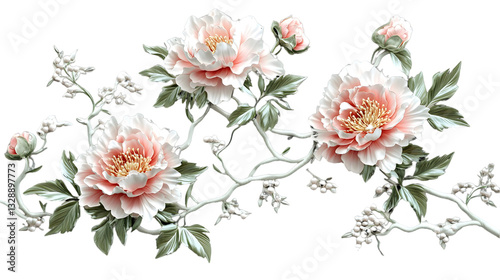 Floral Arrangement of Pale Pink Peonies with White Branches and Delicate Leaves on a Transparent Background