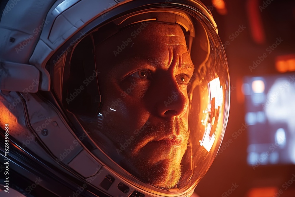 Astronaut focused on mission inside spaceship during a critical moment in deep space exploration Astronaut focused on mission inside spaceship during a critical moment in deep space exploration