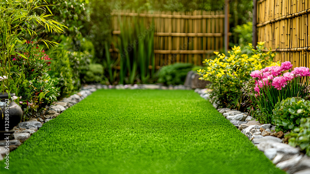 A vibrant green lawn path borders a serene and lush garden space