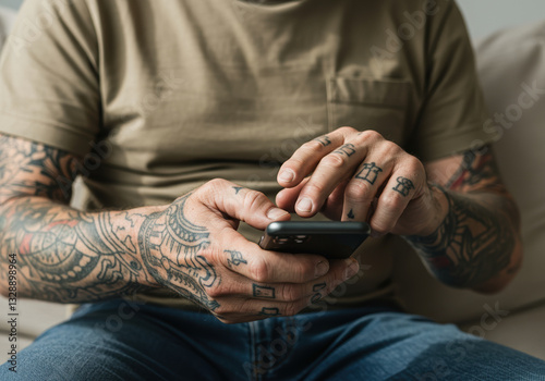 A tattooed man is casually using his smartphone, showing the connection between technology and personal expression.