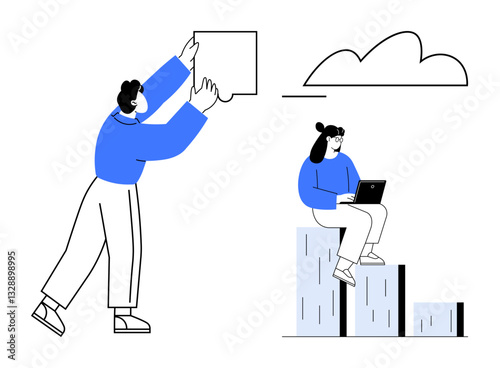 Two individuals working together, one arranging a puzzle and another using a laptop on ascending blocks. Ideal for teamwork, creativity, productivity, problem-solving, technology, innovation, growth