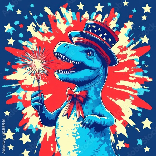 Patriotic Dinosaur Firework Illustration 4th of July Pop Art T-Rex with American Flag