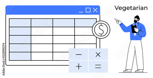 Businessman pointing at financial data table with dollar sign, calculator icon. Ideal for finance, budgeting, data management, accounting, planning, education economic decision-making. Flat simple