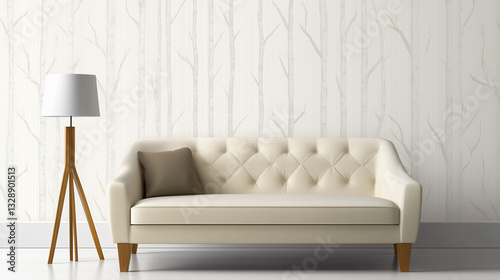 Elegant Living Room Interior with Silver Birch Tree Wallpaper and Cream Sofa