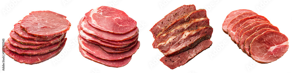 An arrangement of various cuts of fresh raw beef steak slices including tenderloin ribeye and other marbled cuts An arrangement of various cuts of fresh raw beef steak slices including tenderloin ribeye and other marbled cuts
