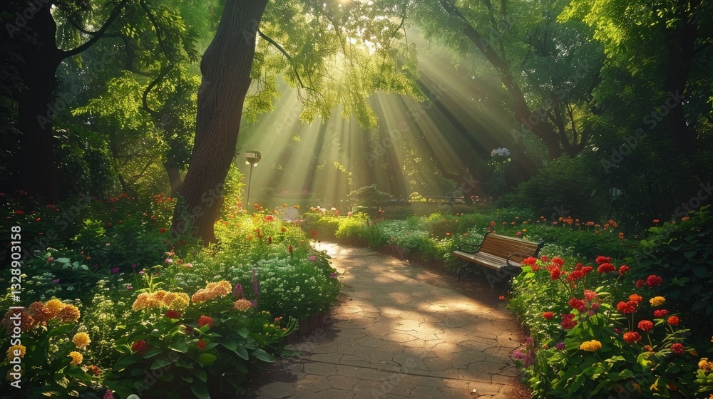 Serene garden pathway illuminated by sunlight with vibrant flowers and tranquil seating area Serene garden pathway illuminated by sunlight with vibrant flowers and tranquil seating area