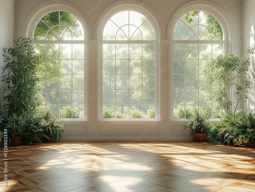Fototapeta premium Elegant Modern Minimalist Room with Arch Windows and Lush Nature View
