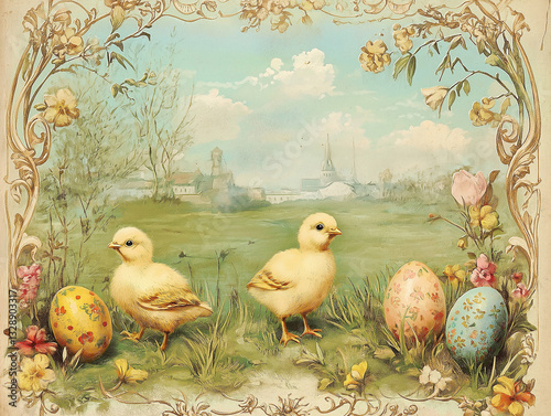 Vintage Easter postcard with a faded hand-tinted photo of a countryside celebration, framed by Victorian motifs of chicks, eggs, and ornate calligraphy.