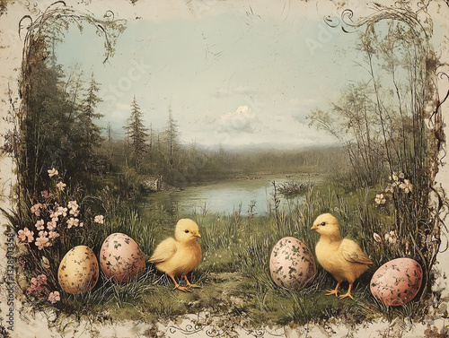 Vintage Easter postcard with a faded hand-tinted photo of a countryside celebration, framed by Victorian motifs of chicks, eggs, and ornate calligraphy. photo