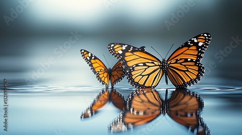 Butterflies Resting Reflecting Water Blue Background
