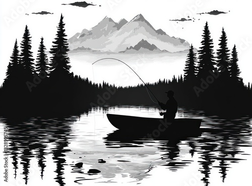 Fishing Silhouette Fisherman Boat Lake Pines Mountains Adventure