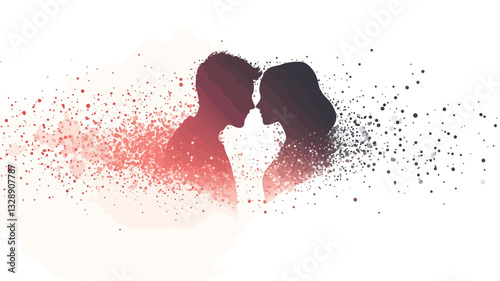 The image features two dark silhouettes of a man and a woman facing each other, their heads close together.  They are partially obscured and appear to be dissolving or disintegrating into a cloud