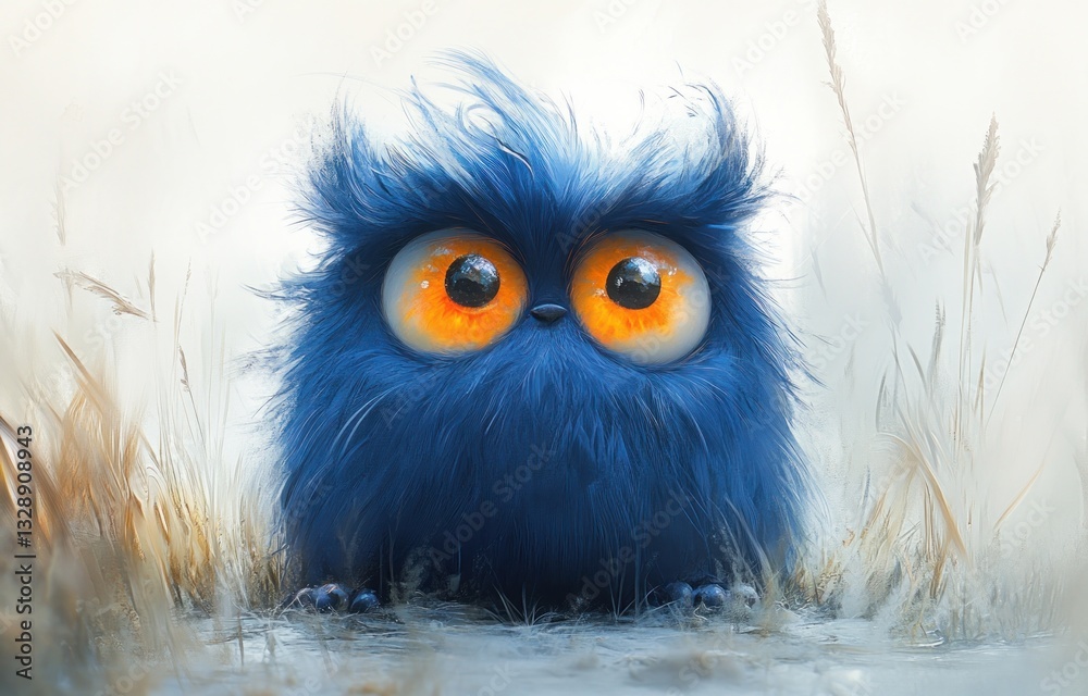 Fototapeta premium Cheerful furry monster character with playful expression and bright blue color looking at the camera