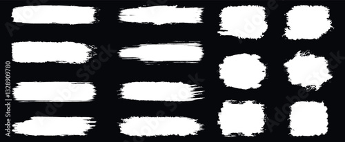 Paint brush strokes. Grunge brush strokes. Rectangle shape brush strokes. Set of black paint, ink brush strokes. Painted objects Isolated on Black background