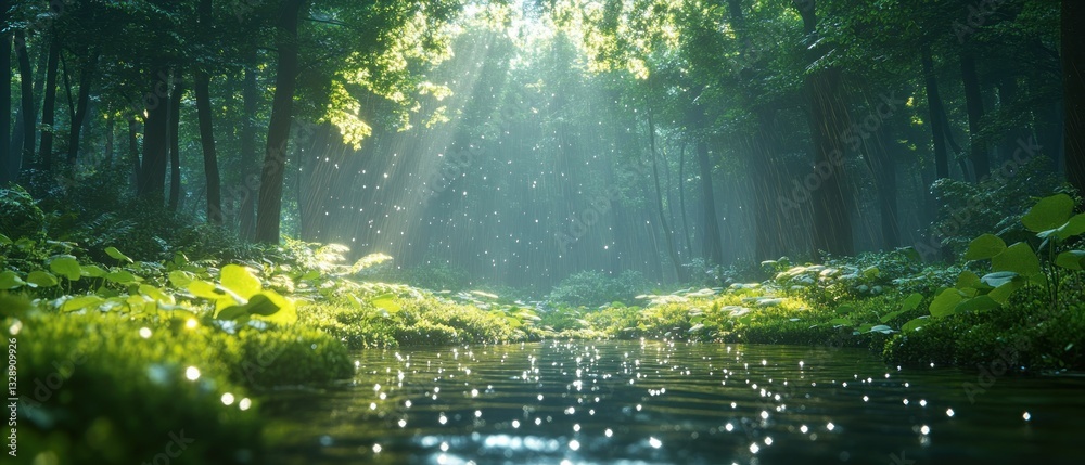 Obraz premium Tranquil Forest with Lush Green Leaves Raindrops and Dappled Sunlight in a Serene Natural Landscape
