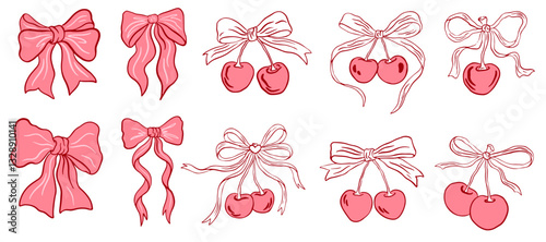 Coquette cherry and bows set. Cherries with ribbon. Hand drawn vintage clipart, cute, y2k, aesthetic, trendy pink girly berry crafts bows coquette, ribbon. Rococo trendy isolated vector illustration.