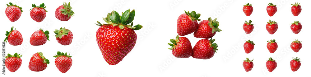 A collection of fresh ripe and luscious strawberries with green leaves showcasing their natural sweetness and appealing color A collection of fresh ripe and luscious strawberries with green leaves showcasing their natural sweetness and appealing color