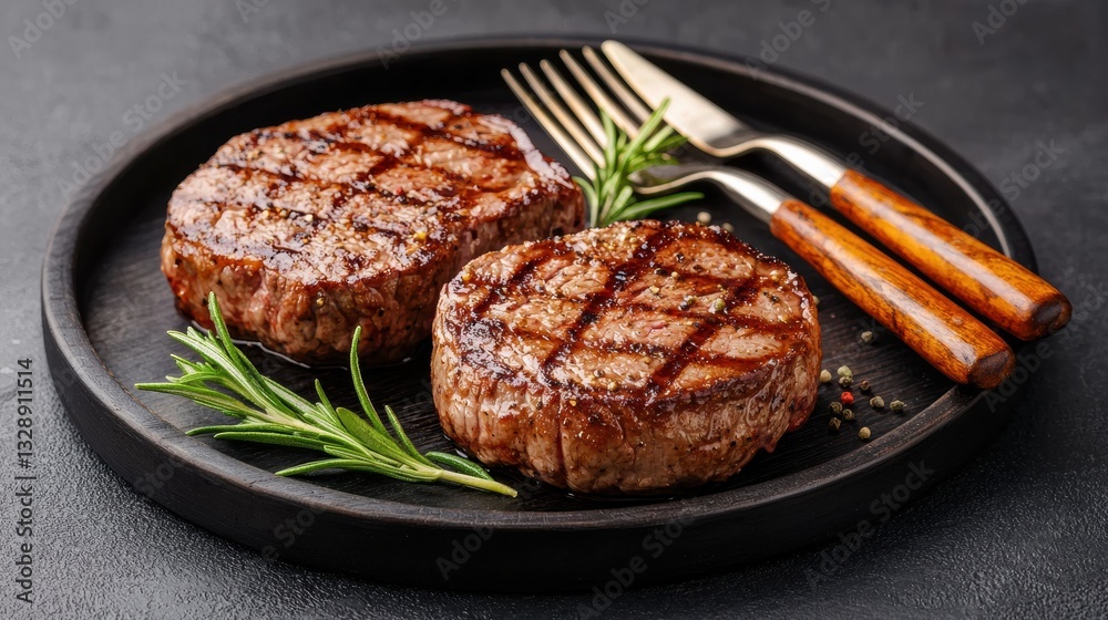 Grilled steak dinner served on a rustic plate Grilled steak dinner served on a rustic plate
