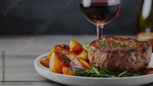 Grilled steak dinner served on a plate with roasted vegetables and potatoes
