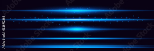 Horizontal lines of light. Neon rays. Glow effect. Blue glowing particles, stars. Vector illustration.