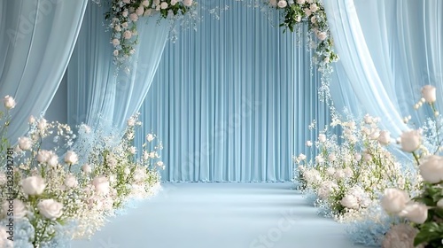 A light blue wedding stage with flowers and white curtains, surrounded by lilac roses and lavender floral decorations on the wall
