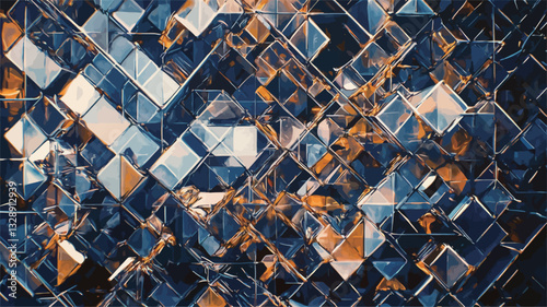 The image presents an abstract composition featuring a multitude of rhombus shapes in varying shades of blue, orange, and white. The rhombuses are arranged in a seemingly random yet structured