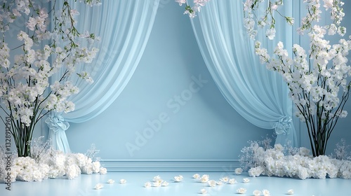 A light blue wedding stage with flowers and white curtains, surrounded by lilac roses and lavender floral decorations on the wall
