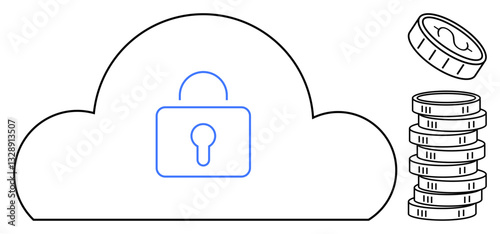 Cloud outline with a padlock symbol in the center, next to a stack of coins. Ideal for data security, cybercrime, fintech, savings, privacy, online service encryption. Flat simple metaphor