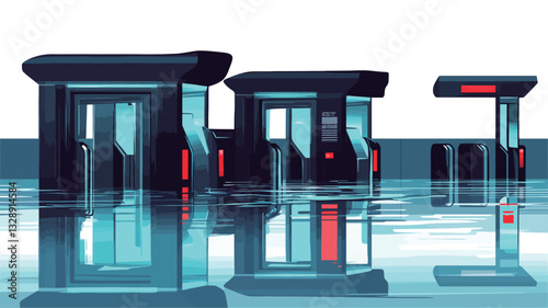 Digital illustration depicting three futuristic kiosks partially submerged in water.  The kiosks are primarily dark-colored with accents of bright blue and red neon lighting. The water is calm and