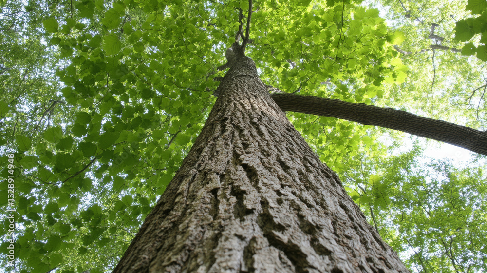 Naklejka premium Tall tree with textured bark and lush green leaves reaching upward