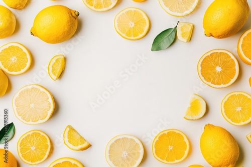 Fresh citrus fruit arrangement.  Bright yellow lemons and oranges, sliced and whole, arranged in a frame on a white background