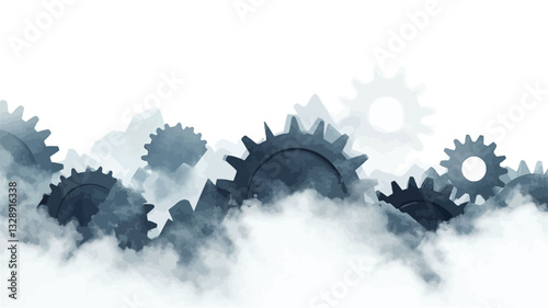 The image is an abstract digital illustration showing several dark grey/blue cogs and gears of varying sizes partially obscured by a stylized cloud-like formation. The background is predominantly